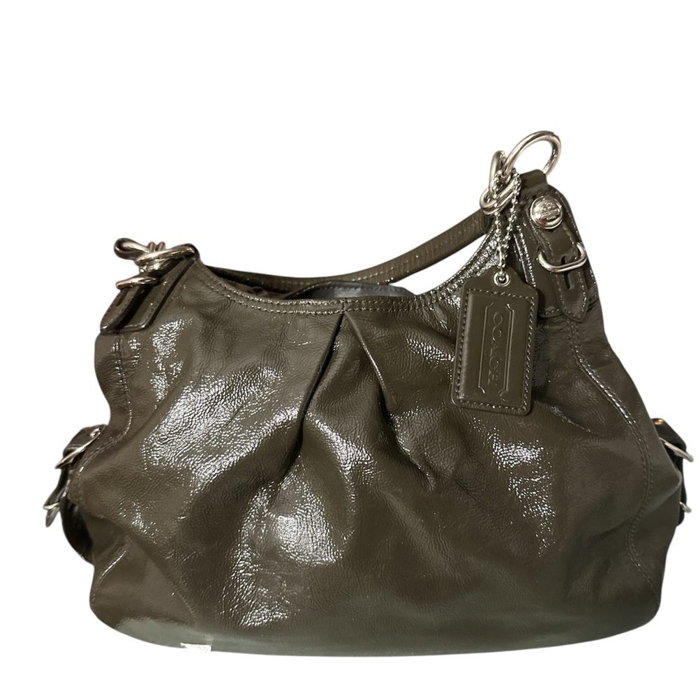 Coach patent  Olive gray  Leather Shoulder Bag silver accents two tags nice size